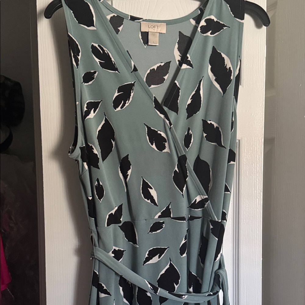 LOFT Sage Green Leaf-Print Wrap Midi Dress
